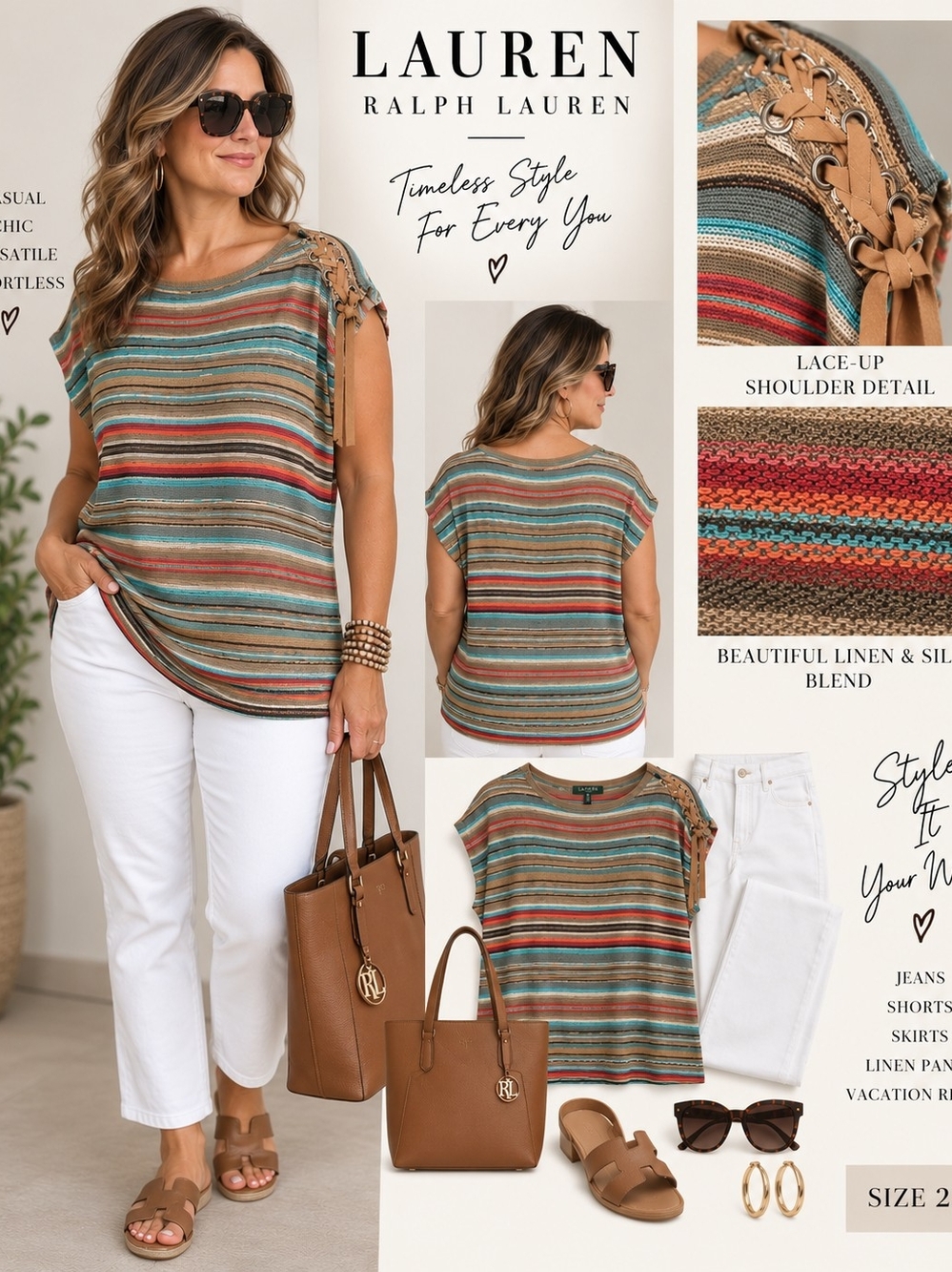 Lauren Ralph Lauren 2X Multicolor Striped Linen Silk Lace-Up Top